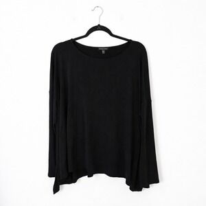 Eileen‎ Fisher Top Women L Black 100% Silk Boxy Long Sleeve Boat Neck Side Slit